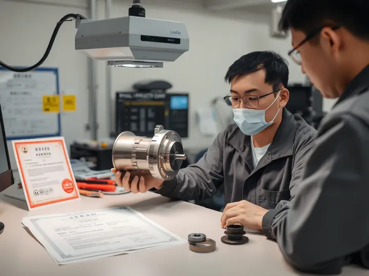 质检员使用投影仪测量零件尺寸，旁边放置材料证明文件